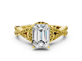 Yellow gold Emerald Cut Diamond with Yellow Sapphire side stone Halo Twist Band Solitaire Prong Setting Ring_24