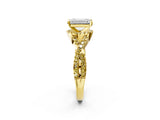 Yellow gold Emerald Cut Diamond with Yellow Sapphire side stone Halo Twist Band Solitaire Prong Setting Ring_26