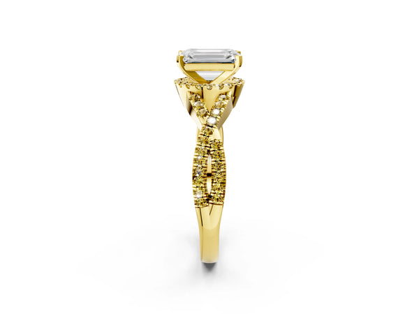 Yellow gold Emerald Cut Diamond with Yellow Sapphire side stone Halo Twist Band Solitaire Prong Setting Ring
