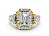 Yellow gold Emerald Cut Double Halo Diamond Engagement Ring with Pave Band and Four-Prong Setting_25
