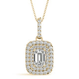 Yellow gold Emerald Cut Double Halo Diamond Pendant with Prong Setting