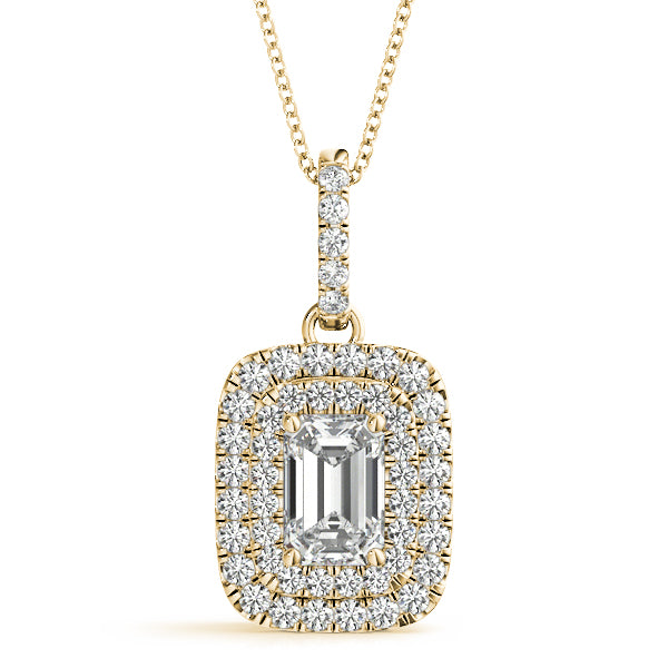 Yellow gold Emerald Cut Double Halo Diamond Pendant with Prong Setting