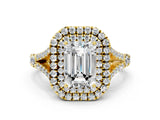 Yellow gold Emerald Cut Double Halo Split Shank Diamond Ring with Prong Setting_49