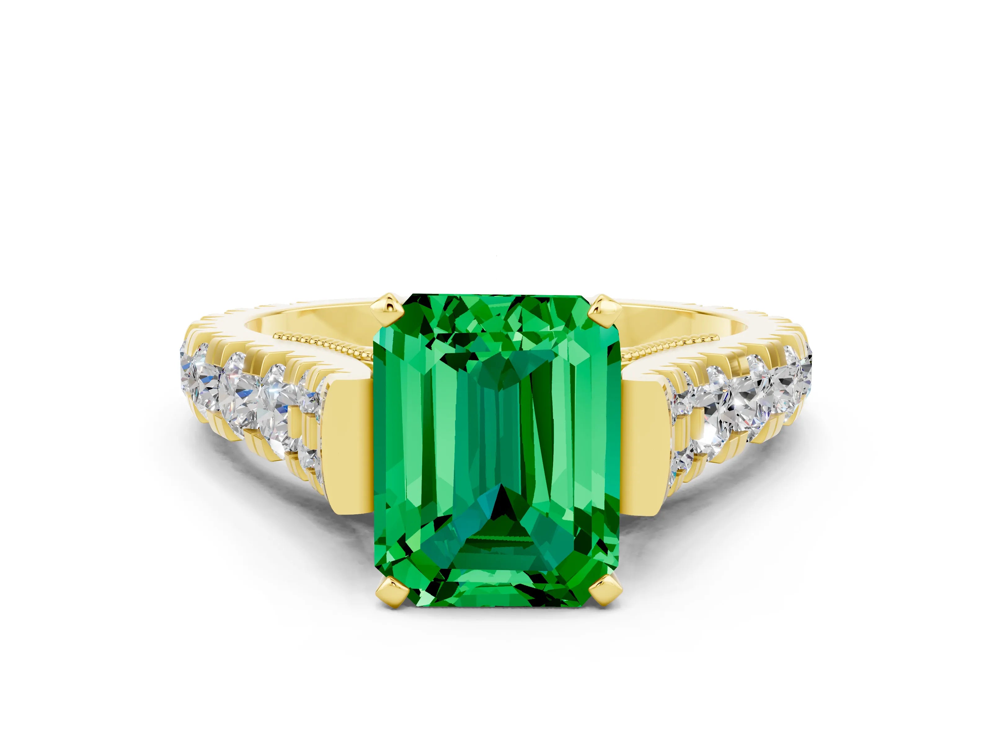 Yellow gold Emerald Cut Emerald Classic Solitaire Ring with Pavé Band and Four-Prong Setting