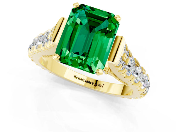Yellow gold Emerald Cut Emerald Classic Solitaire Ring with Pavé Band and Four-Prong Setting