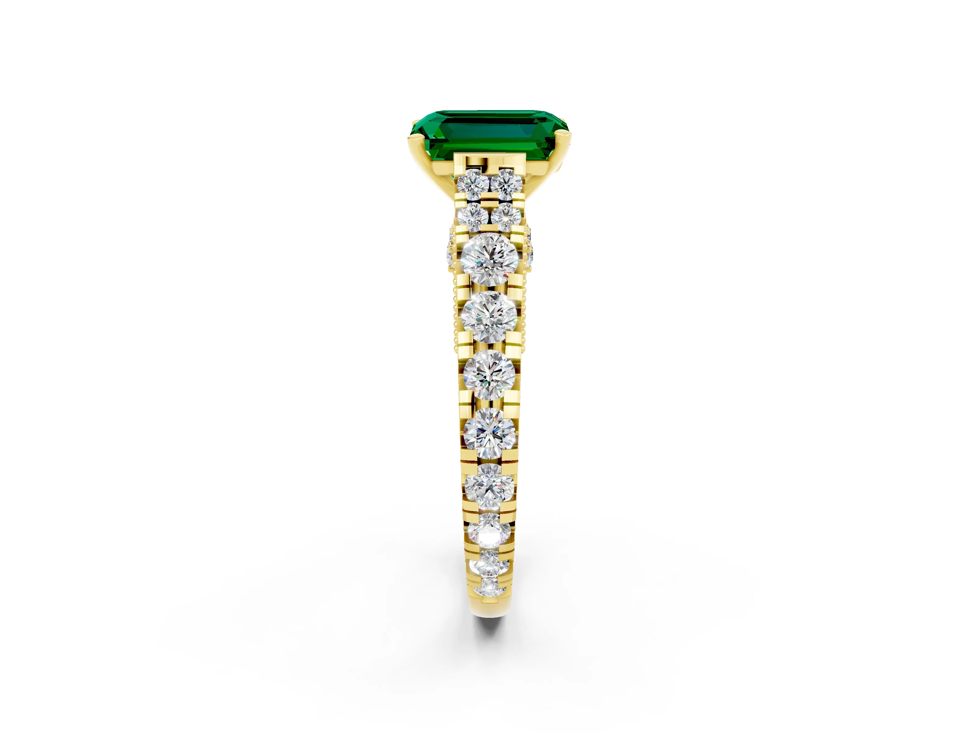 Yellow gold Emerald Cut Emerald Classic Solitaire Ring with Pavé Band and Four-Prong Setting_2