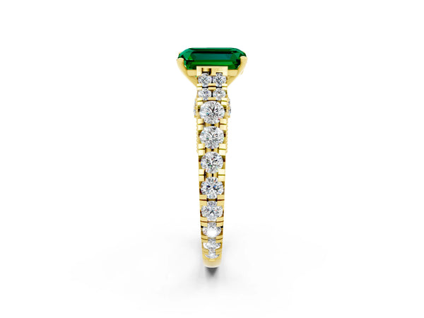 Yellow gold Emerald Cut Emerald Classic Solitaire Ring with Pavé Band and Four-Prong Setting