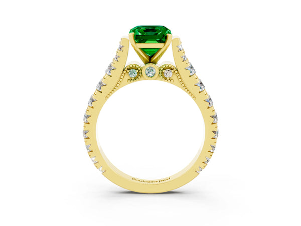 Yellow gold Emerald Cut Emerald Classic Solitaire Ring with Pavé Band and Four-Prong Setting