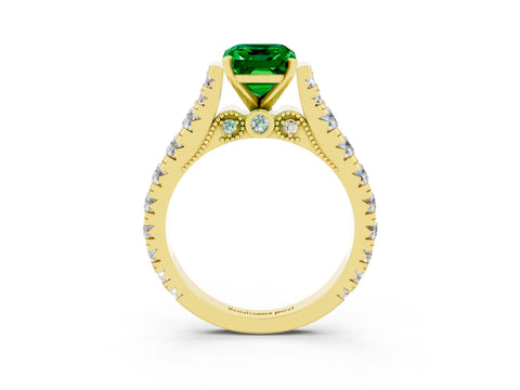 Yellow gold Emerald Cut Emerald Classic Solitaire Ring with Pavé Band and Four-Prong Setting_3