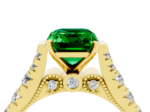 Yellow gold Emerald Cut Emerald Classic Solitaire Ring with Pavé Band and Four-Prong Setting_4