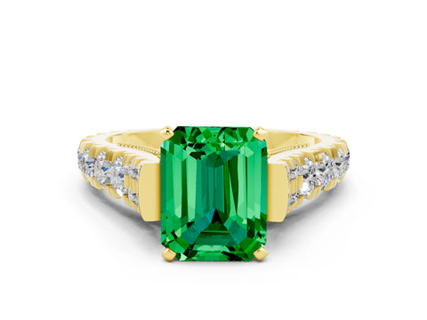 Yellow gold Emerald Cut Emerald Classic Solitaire Ring with Pavé Band and Four-Prong Setting