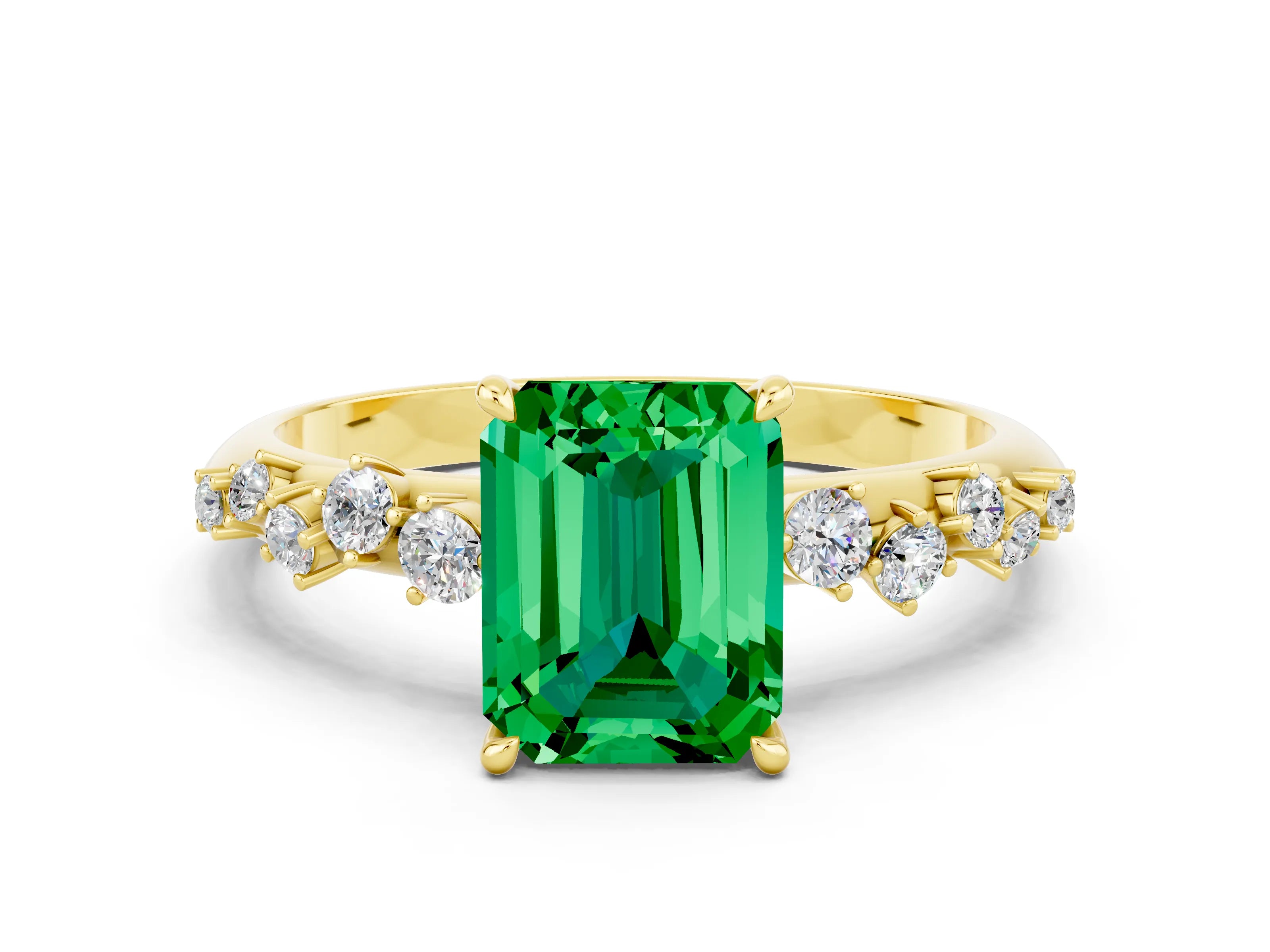 Yellow gold Emerald Cut Emerald Cluster Side Stone Solitaire Ring with Prong Setting_24