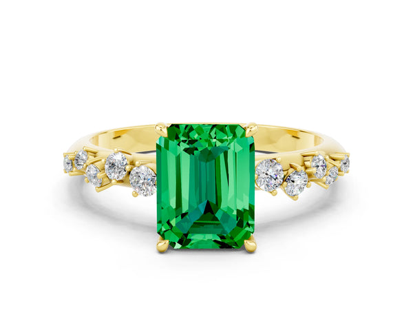 Yellow gold Emerald Cut Emerald Cluster Side Stone Solitaire Ring with Prong Setting