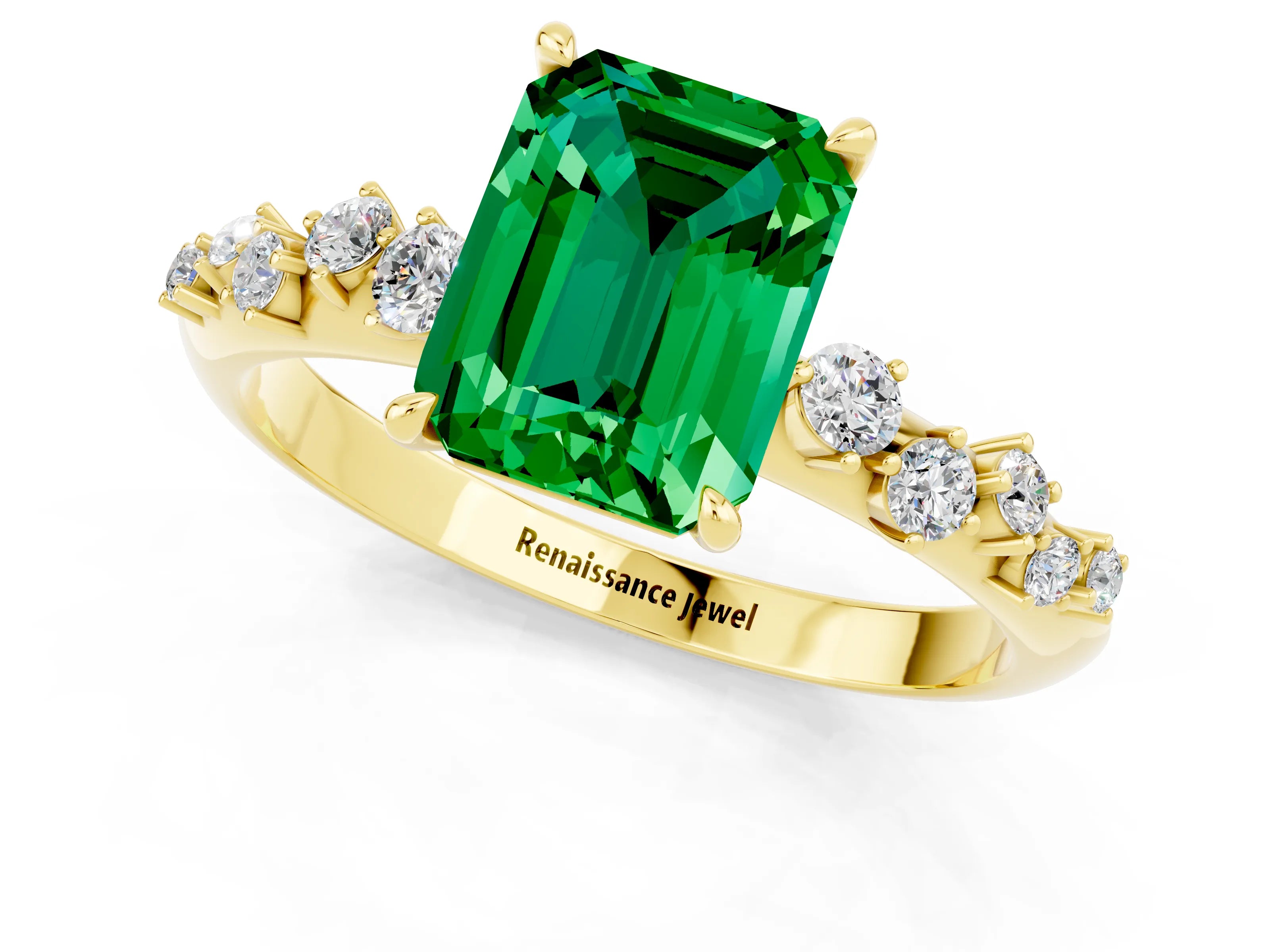 Yellow gold Emerald Cut Emerald Cluster Side Stone Solitaire Ring with Prong Setting_25