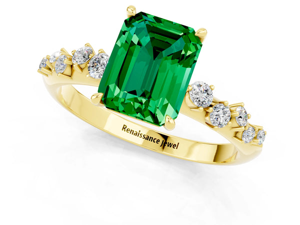 Yellow gold Emerald Cut Emerald Cluster Side Stone Solitaire Ring with Prong Setting