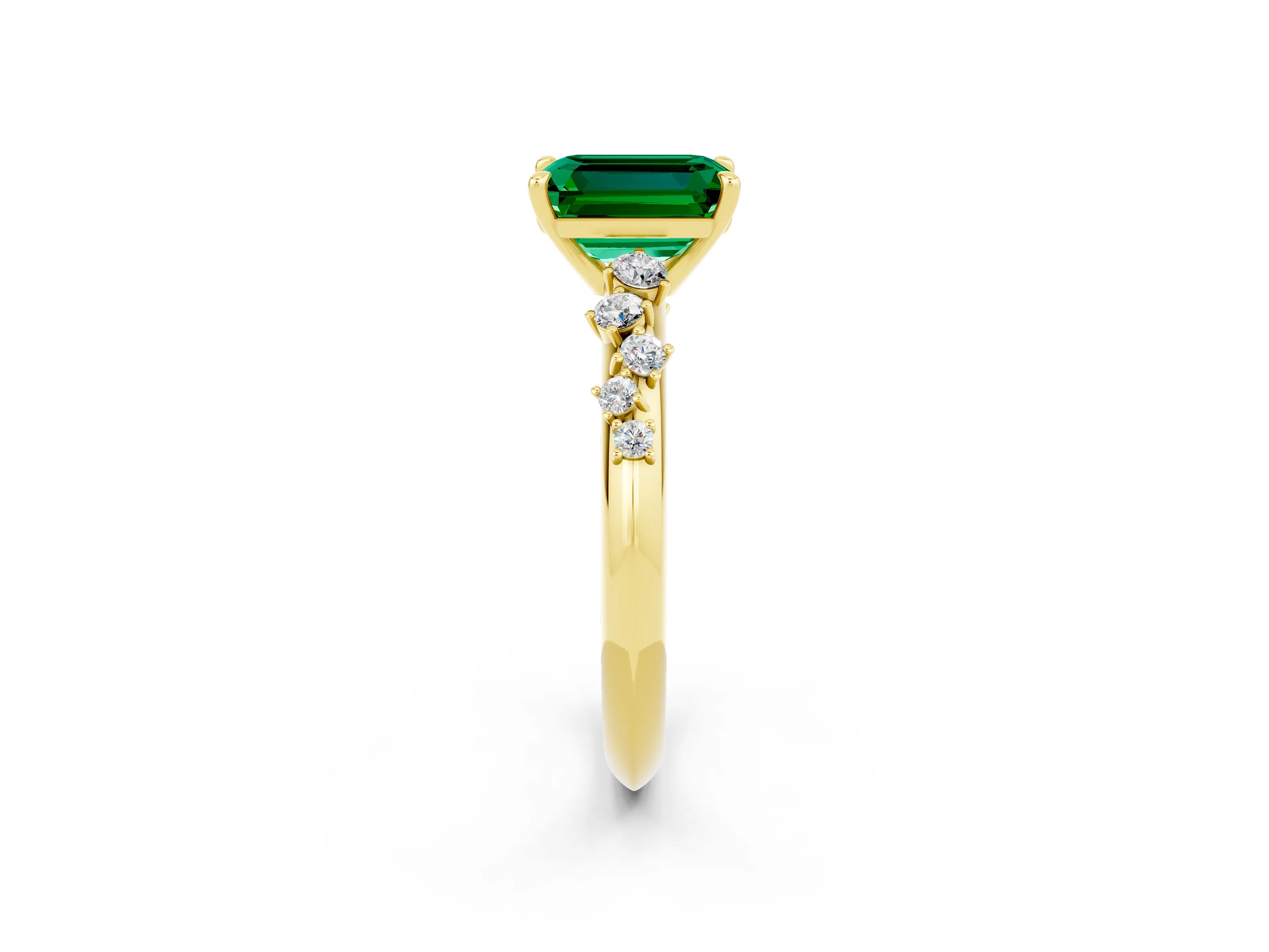 Yellow gold Emerald Cut Emerald Cluster Side Stone Solitaire Ring with Prong Setting_26