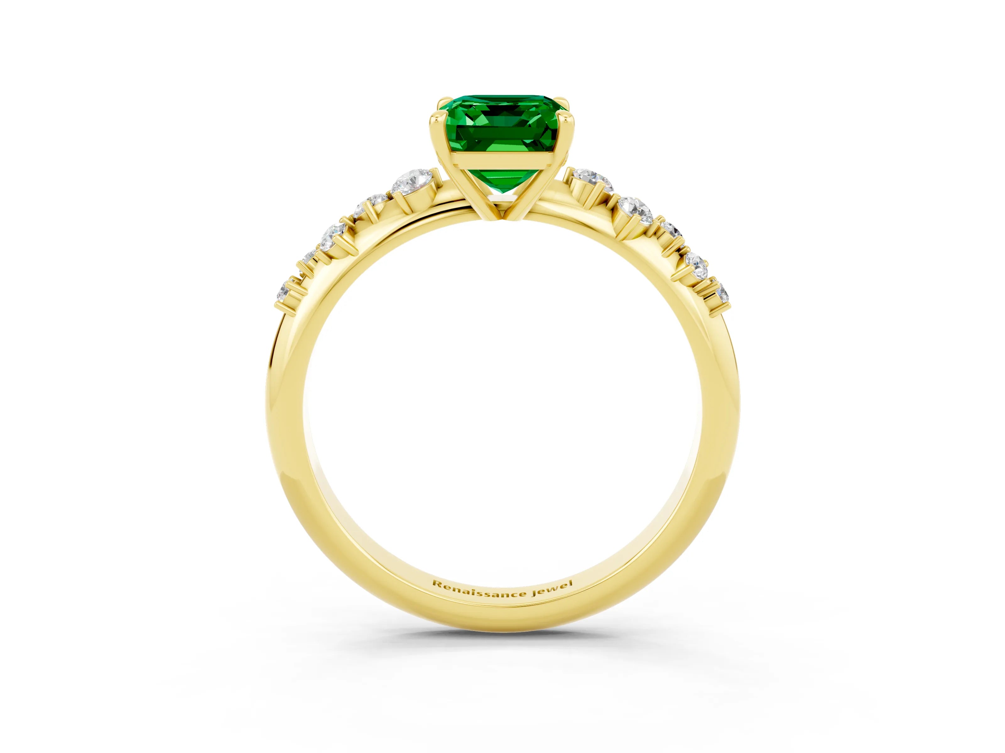 Yellow gold Emerald Cut Emerald Cluster Side Stone Solitaire Ring with Prong Setting_27