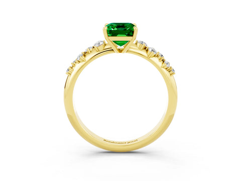 Yellow gold Emerald Cut Emerald Cluster Side Stone Solitaire Ring with Prong Setting_27