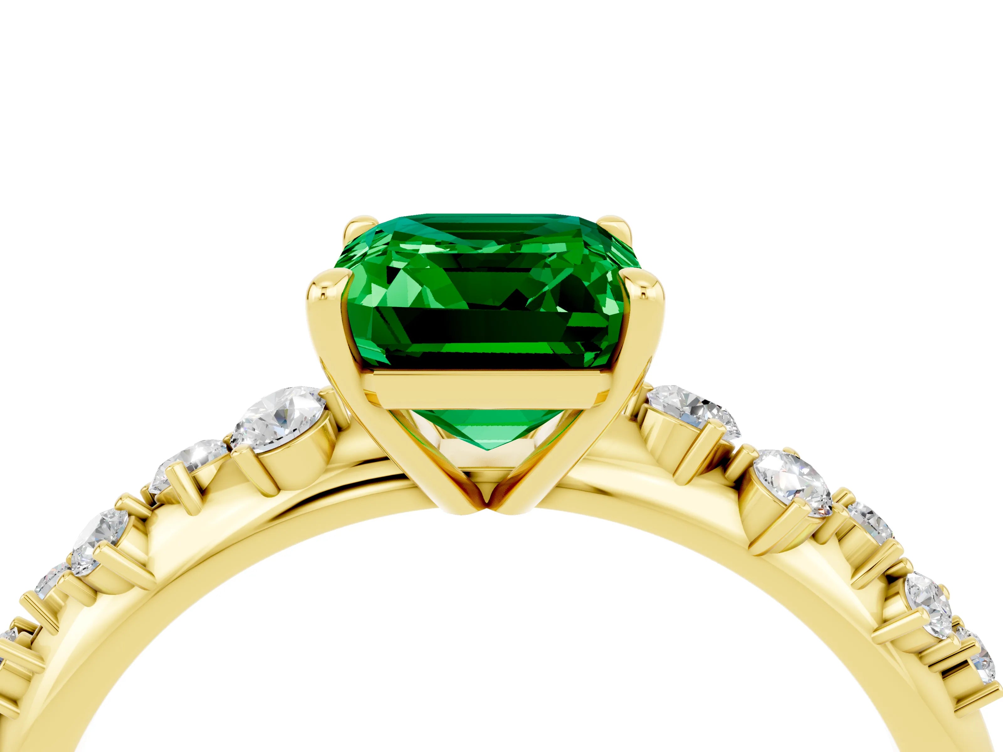 Yellow gold Emerald Cut Emerald Cluster Side Stone Solitaire Ring with Prong Setting_28