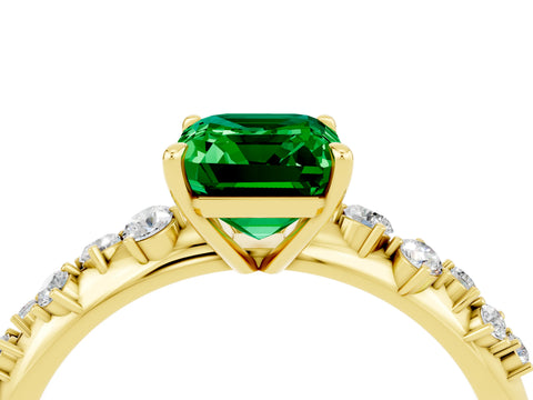Yellow gold Emerald Cut Emerald Cluster Side Stone Solitaire Ring with Prong Setting_28