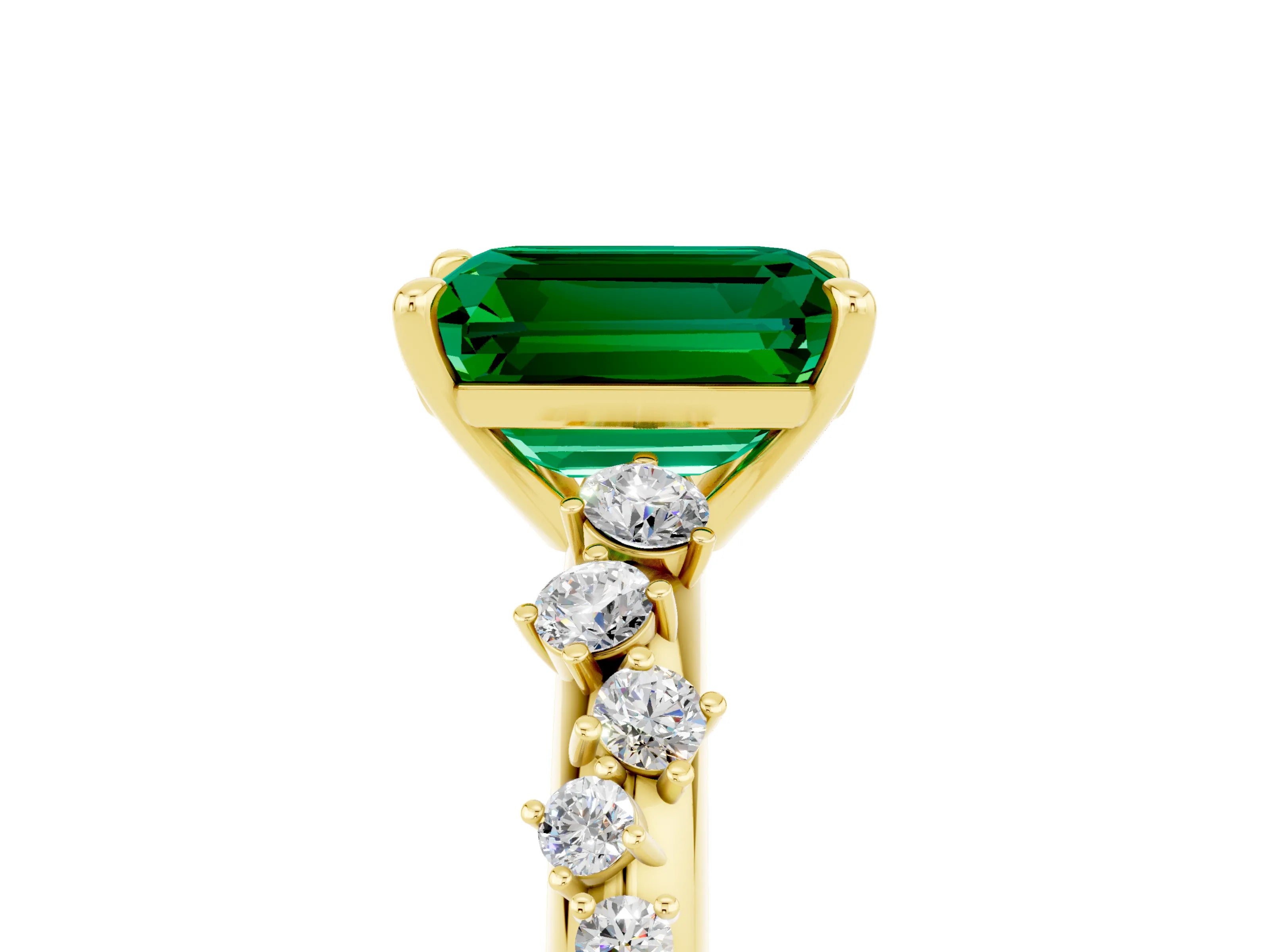 Yellow gold Emerald Cut Emerald Cluster Side Stone Solitaire Ring with Prong Setting_29