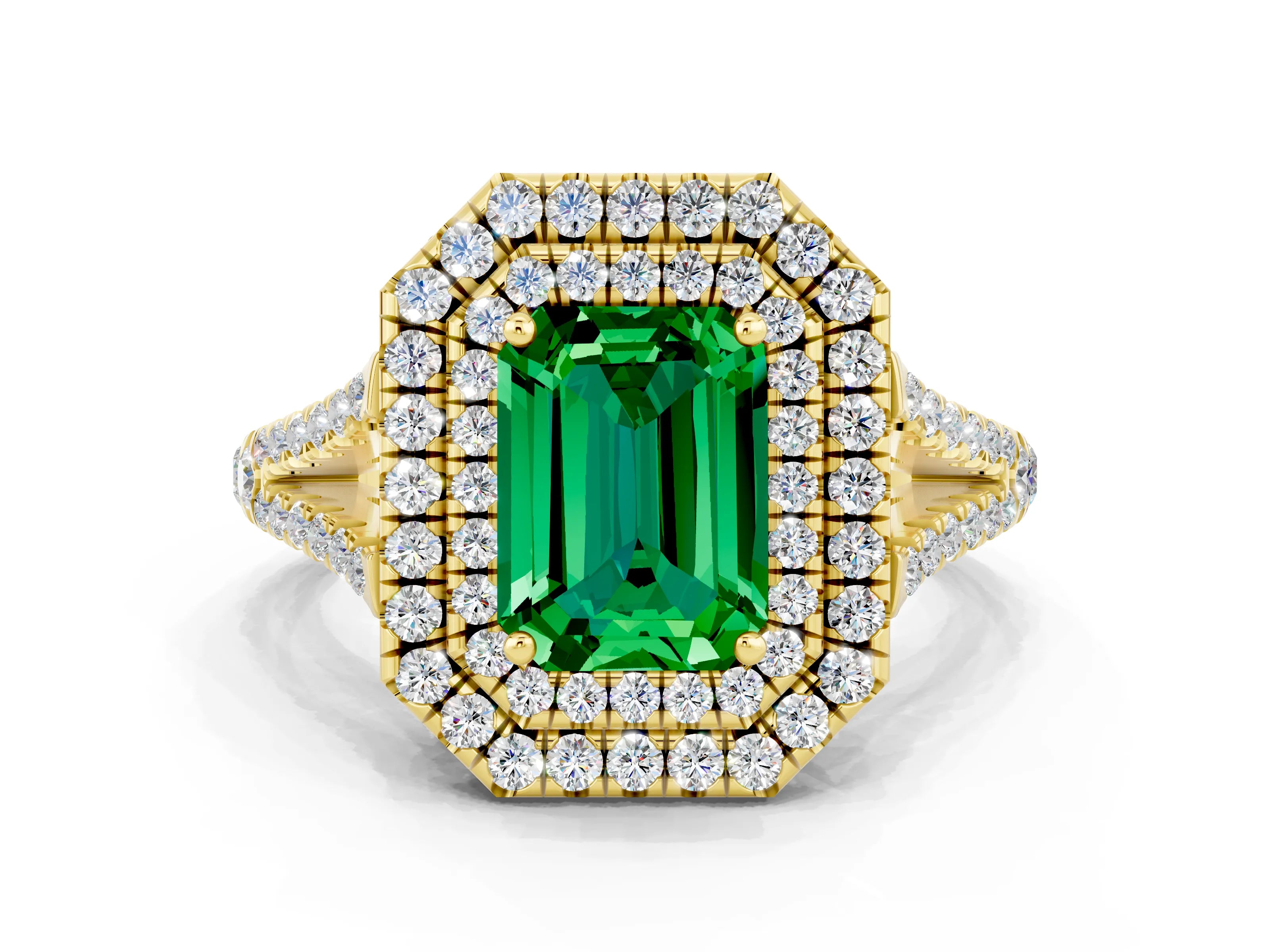 Yellow gold Emerald Cut Emerald Double Halo Ring with Pavé Band and Prong Setting_12