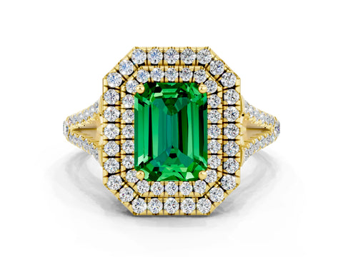 Yellow gold Emerald Cut Emerald Double Halo Ring with Pavé Band and Prong Setting_12