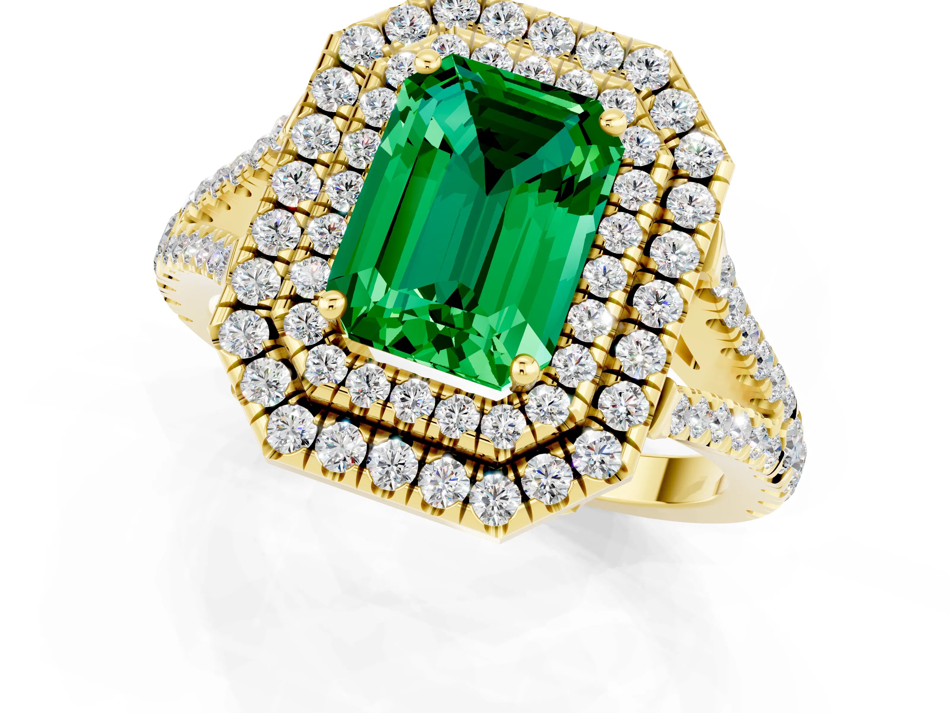 Yellow gold Emerald Cut Emerald Double Halo Ring with Pavé Band and Prong Setting_13
