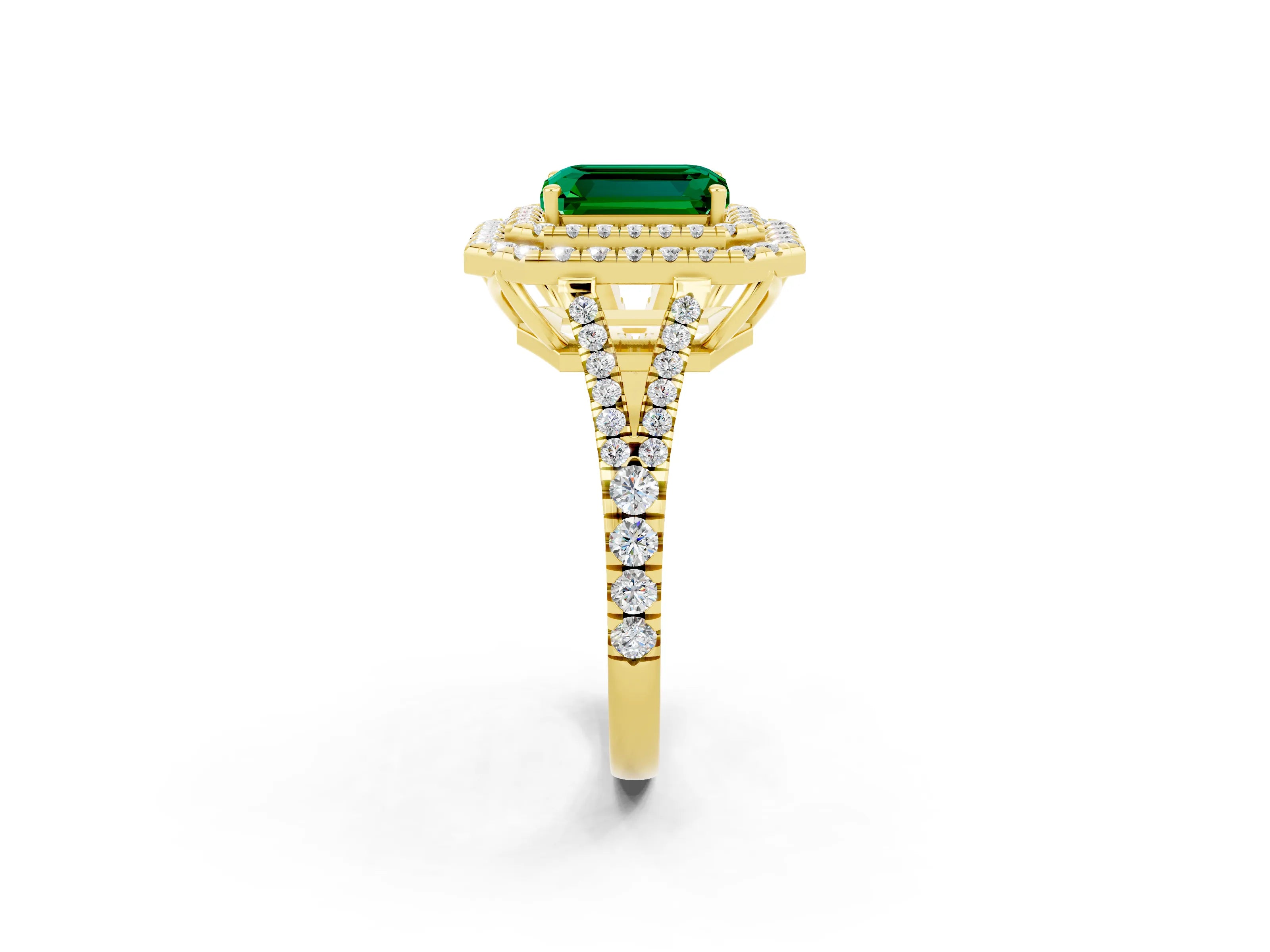 Yellow gold Emerald Cut Emerald Double Halo Ring with Pavé Band and Prong Setting_14