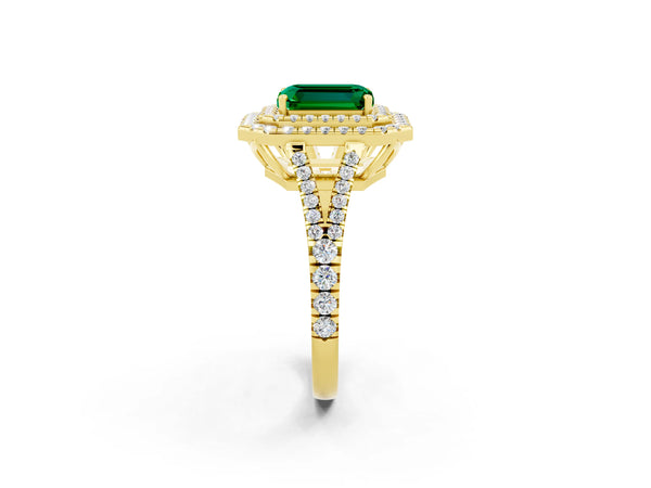 Yellow gold Emerald Cut Emerald Double Halo Ring with Pavé Band and Prong Setting
