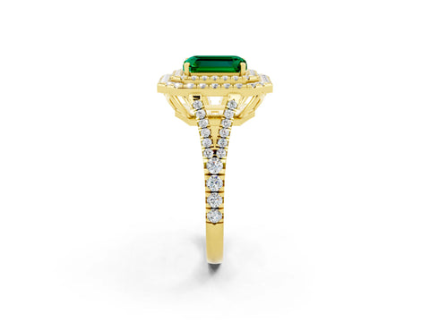 Yellow gold Emerald Cut Emerald Double Halo Ring with Pavé Band and Prong Setting_14