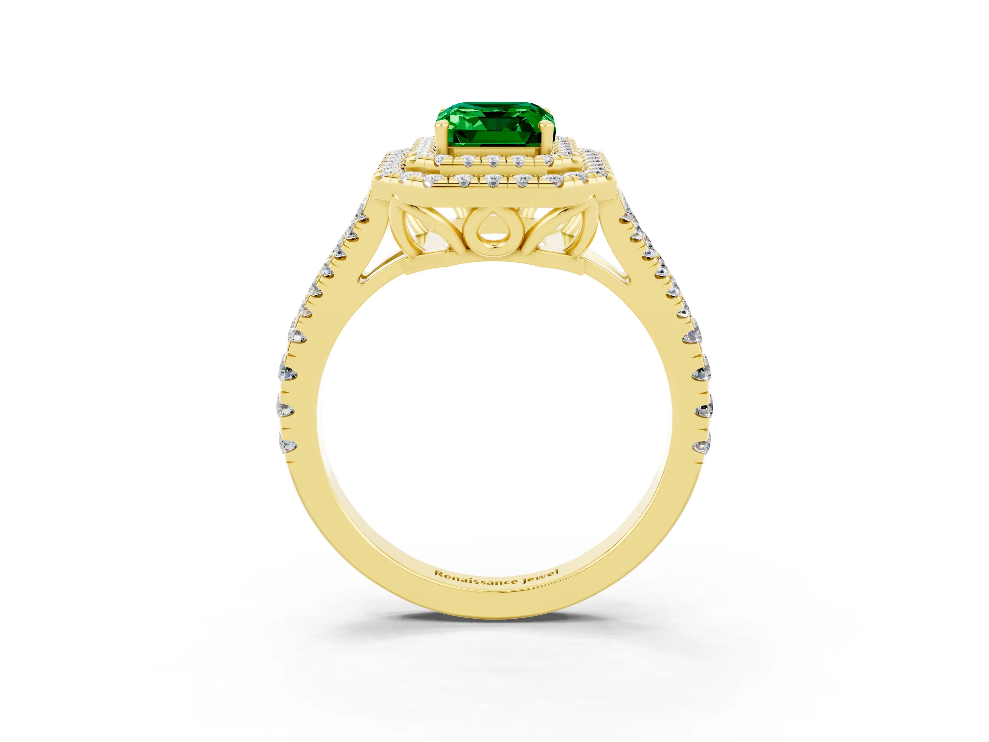 Yellow gold Emerald Cut Emerald Double Halo Ring with Pavé Band and Prong Setting_15