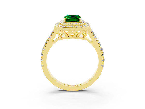 Yellow gold Emerald Cut Emerald Double Halo Ring with Pavé Band and Prong Setting