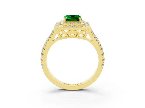 Yellow gold Emerald Cut Emerald Double Halo Ring with Pavé Band and Prong Setting_15