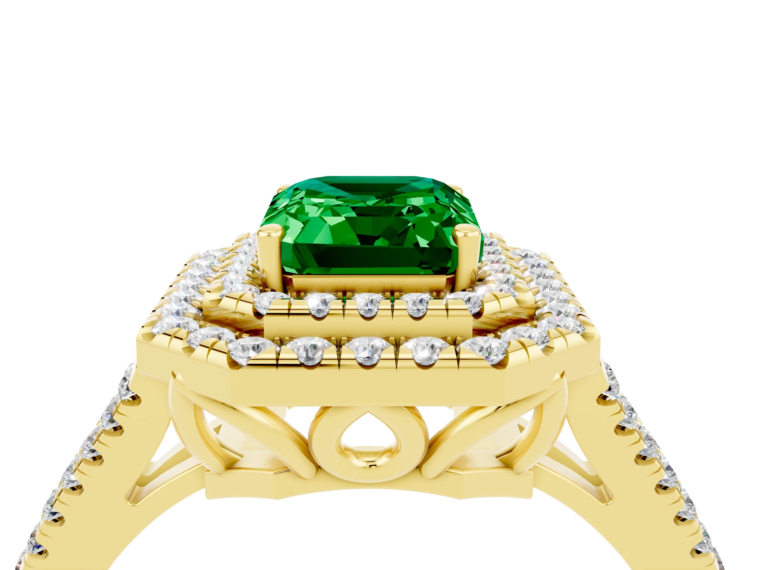 Yellow gold Emerald Cut Emerald Double Halo Ring with Pavé Band and Prong Setting_16