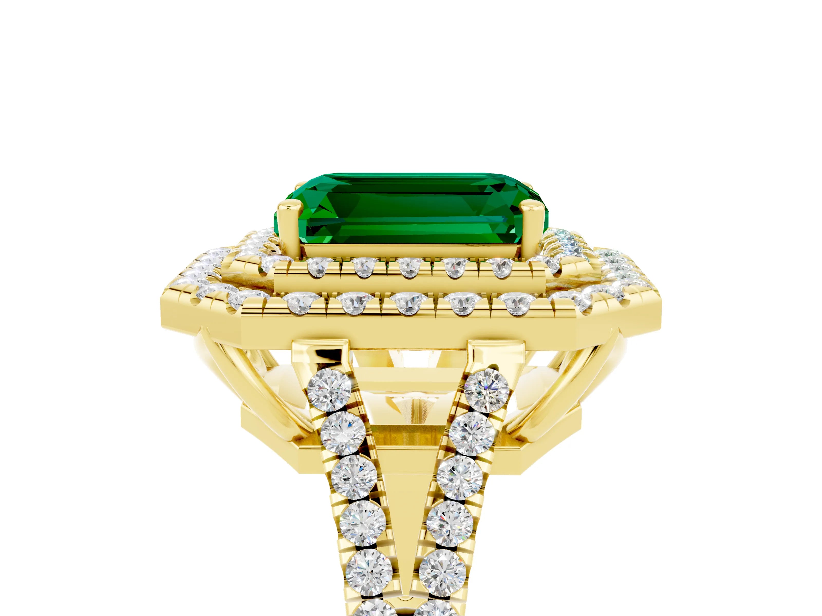 Yellow gold Emerald Cut Emerald Double Halo Ring with Pavé Band and Prong Setting_17