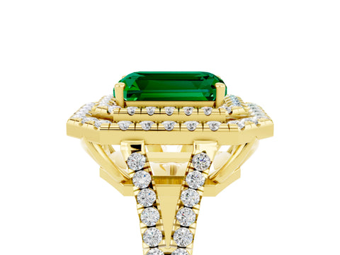 Yellow gold Emerald Cut Emerald Double Halo Ring with Pavé Band and Prong Setting_17