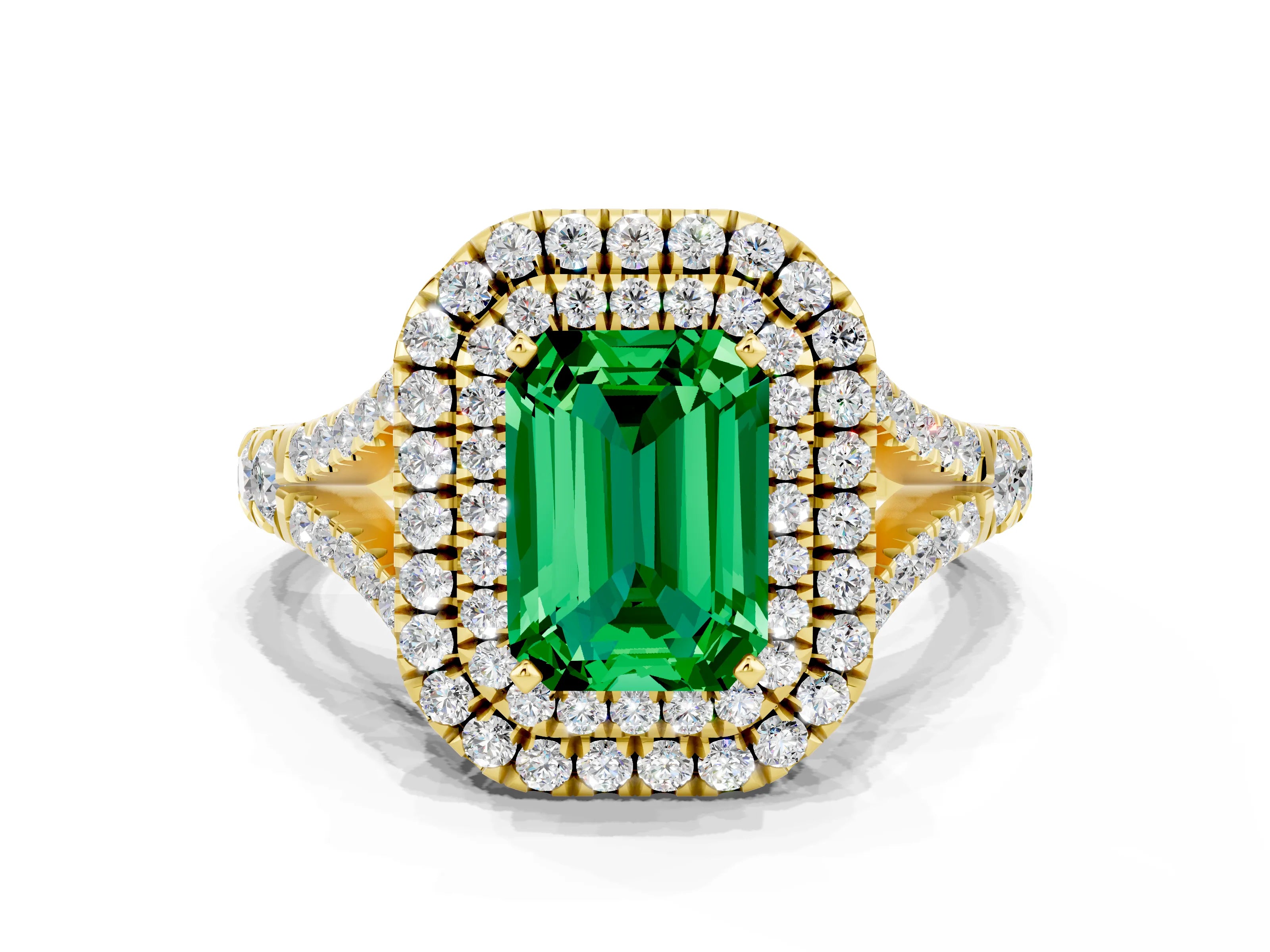 Yellow gold Emerald Cut Emerald Double Halo Ring with Split Shank and Prong Setting_12