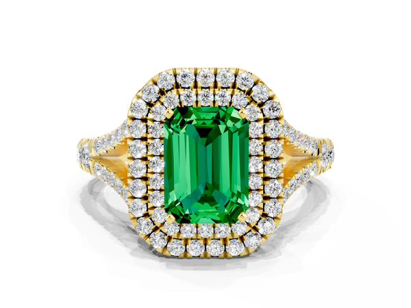 Yellow gold Emerald Cut Emerald Double Halo Ring with Split Shank and Prong Setting