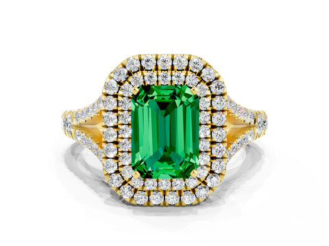 Yellow gold Emerald Cut Emerald Double Halo Ring with Split Shank and Prong Setting_12
