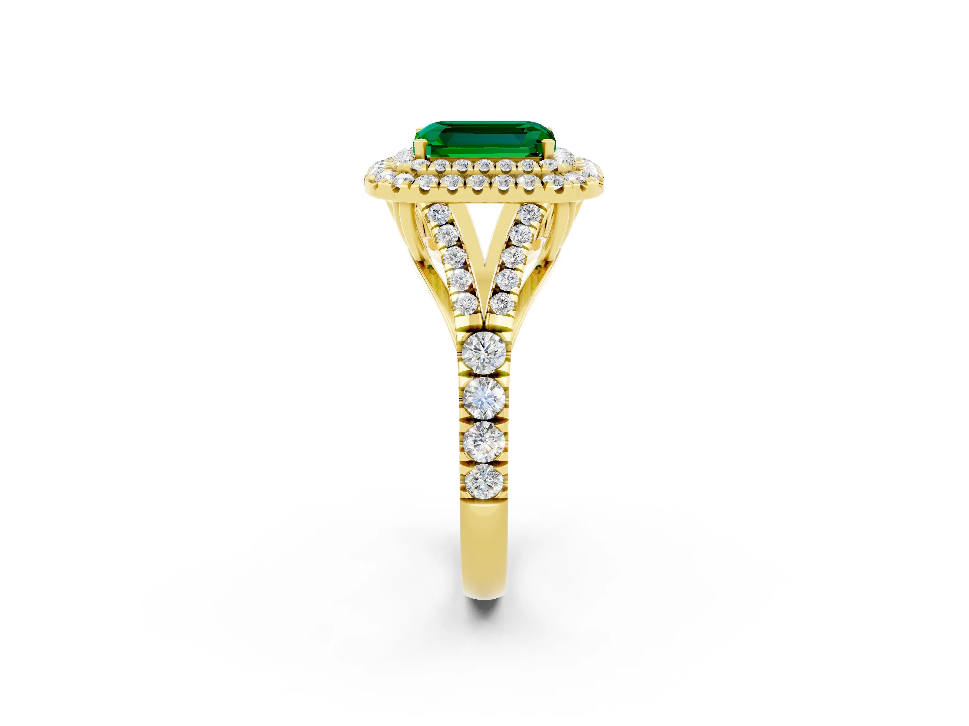 Yellow gold Emerald Cut Emerald Double Halo Ring with Split Shank and Prong Setting_14
