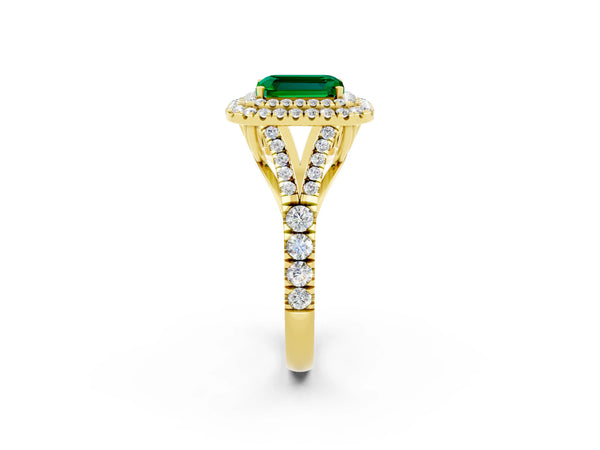 Yellow gold Emerald Cut Emerald Double Halo Ring with Split Shank and Prong Setting
