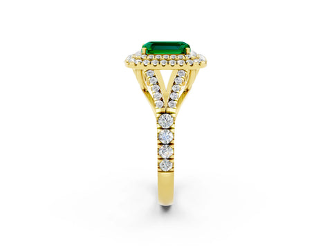 Yellow gold Emerald Cut Emerald Double Halo Ring with Split Shank and Prong Setting_14