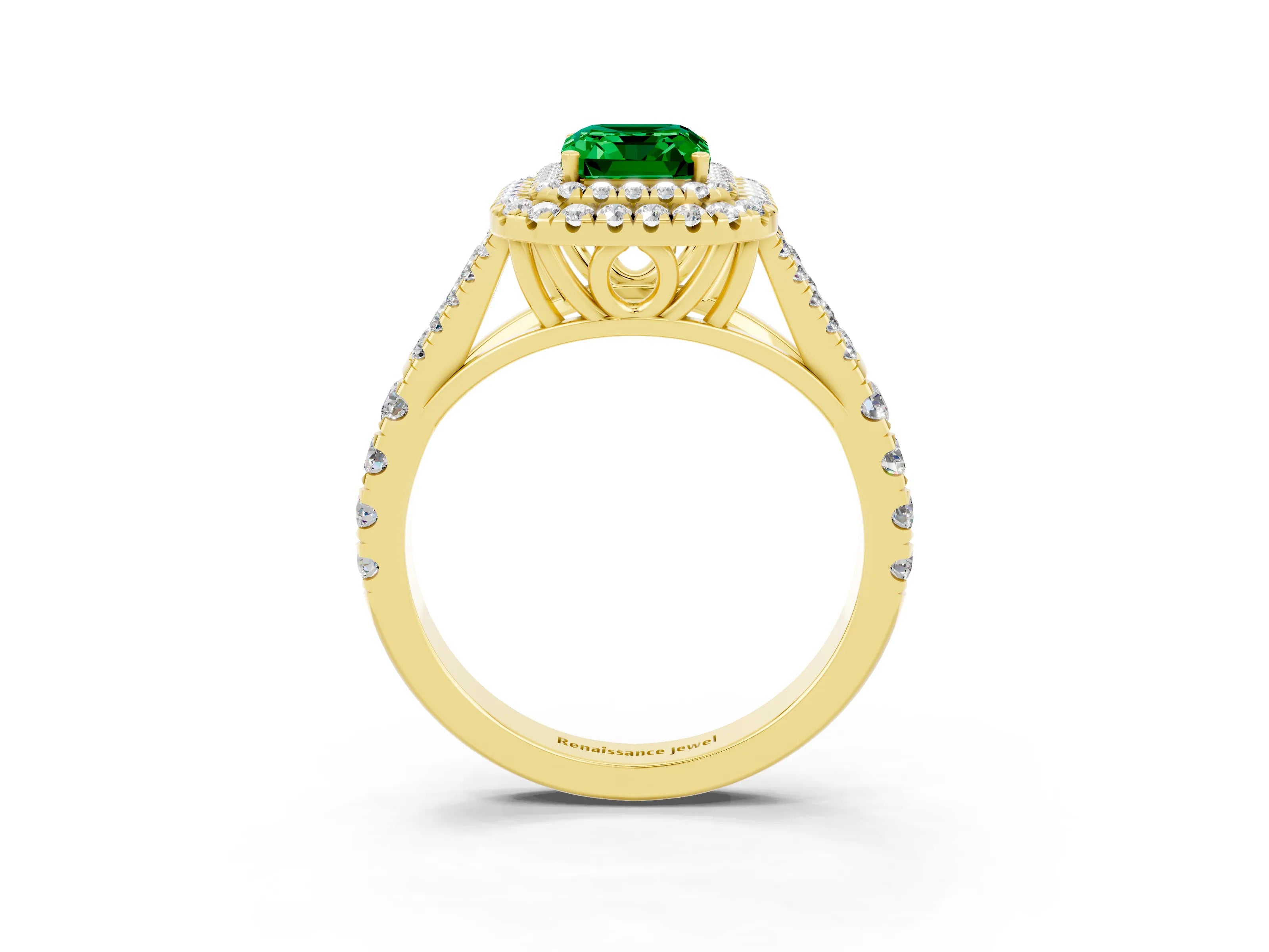 Yellow gold Emerald Cut Emerald Double Halo Ring with Split Shank and Prong Setting_15