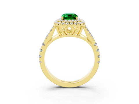 Yellow gold Emerald Cut Emerald Double Halo Ring with Split Shank and Prong Setting_15