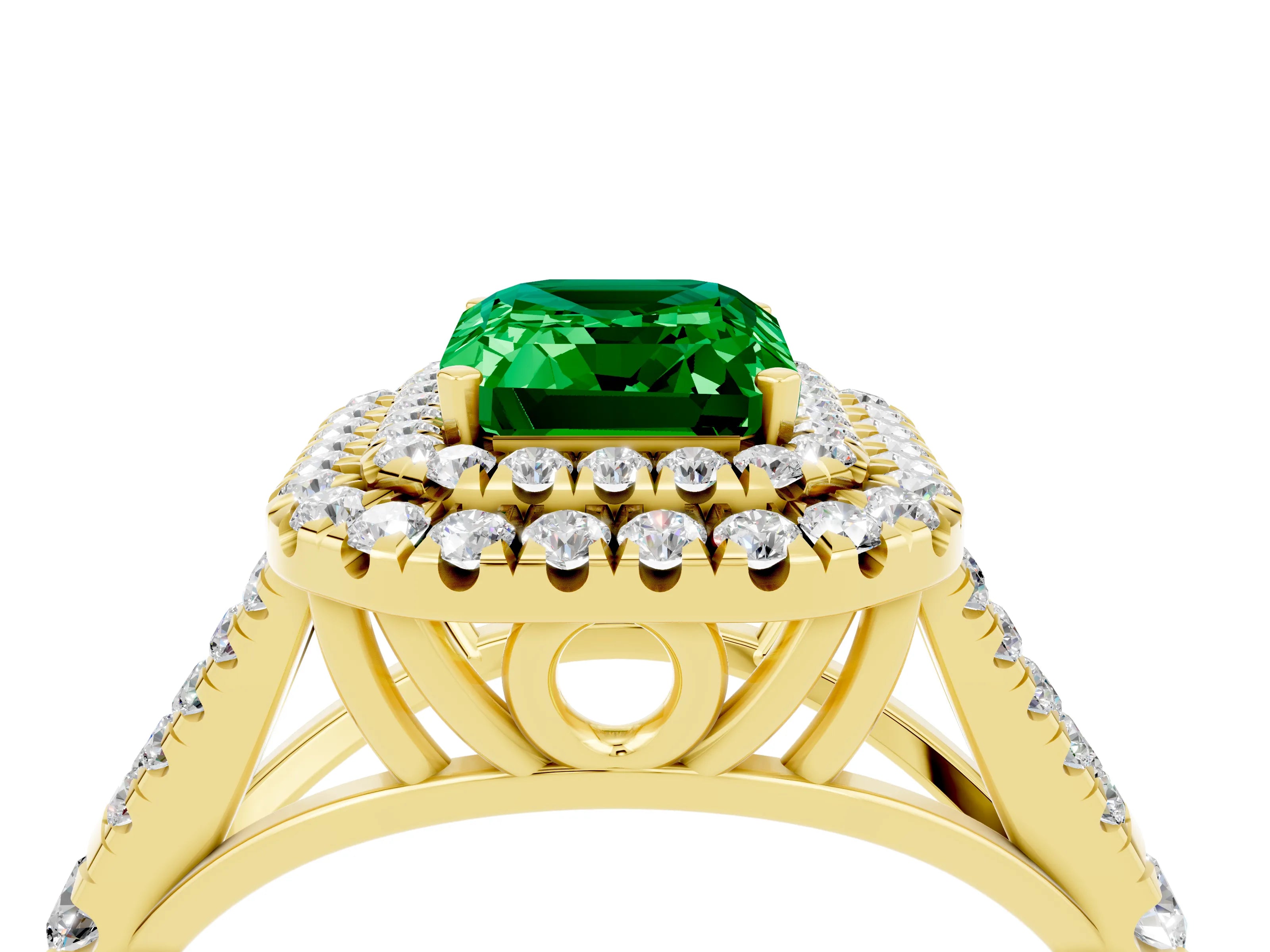 Yellow gold Emerald Cut Emerald Double Halo Ring with Split Shank and Prong Setting_16