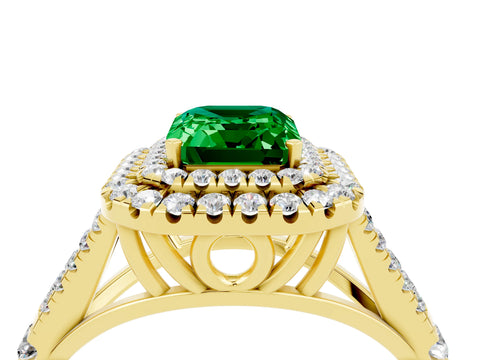 Yellow gold Emerald Cut Emerald Double Halo Ring with Split Shank and Prong Setting_16