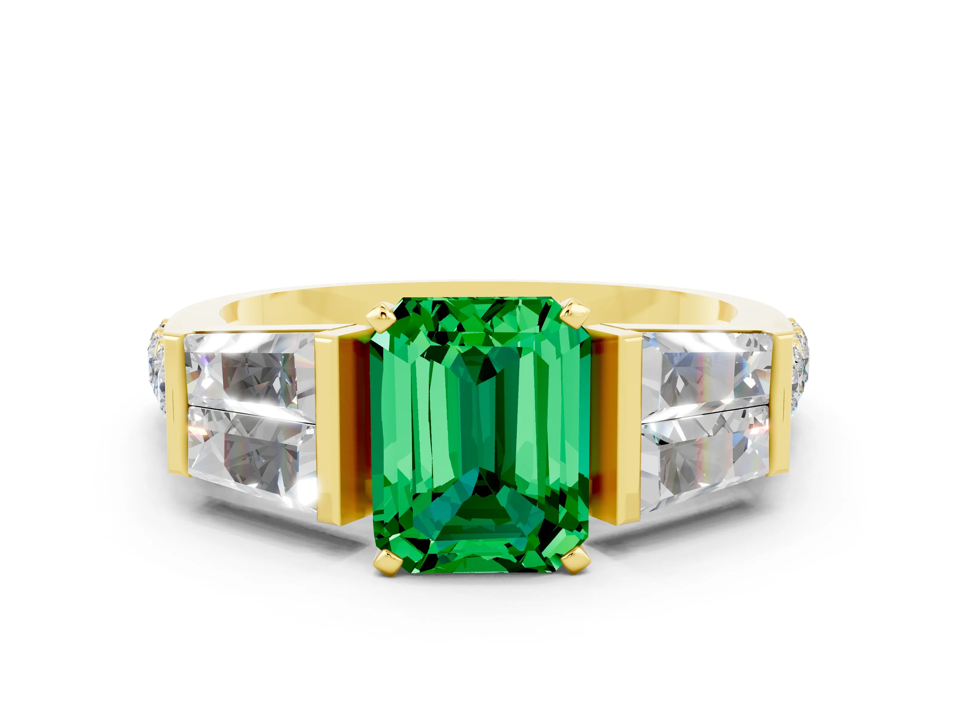 Yellow gold Emerald Cut Emerald Engagement Ring with Baguette Side Stones and Channel Set Band