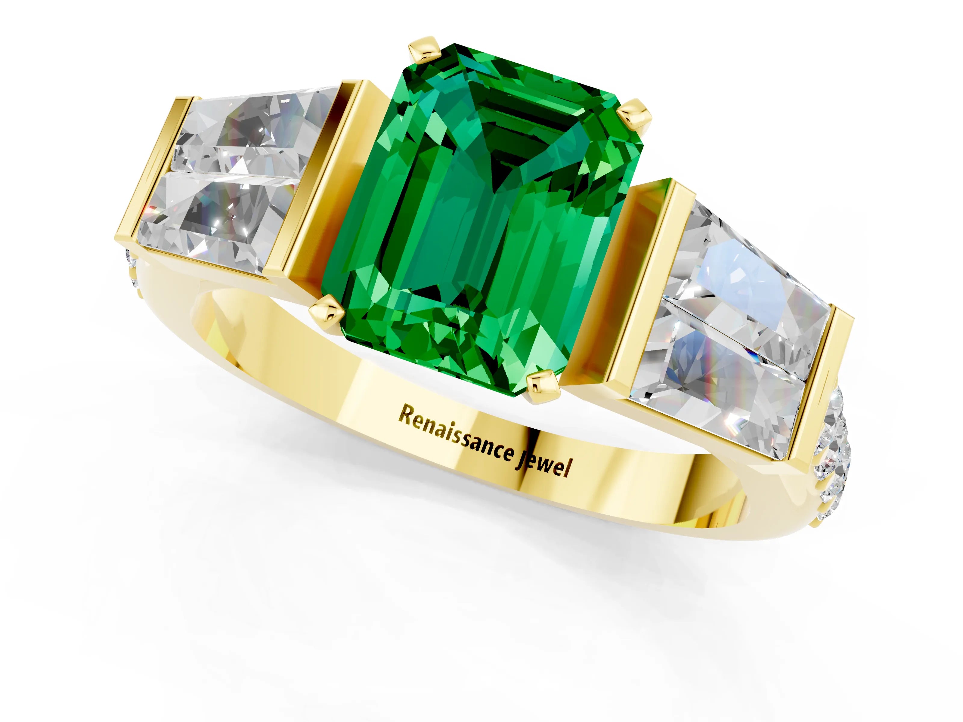 Yellow gold Emerald Cut Emerald Engagement Ring with Baguette Side Stones and Channel Set Band_1