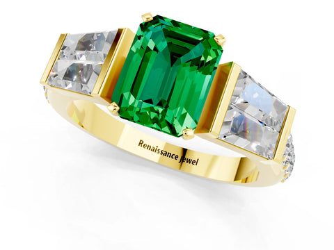 Yellow gold Emerald Cut Emerald Engagement Ring with Baguette Side Stones and Channel Set Band_1